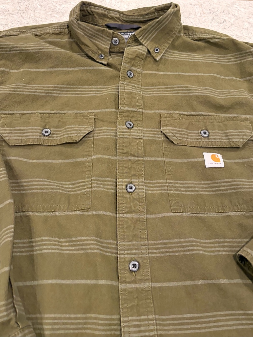 Carhartt Men’s Olive Green Striped Button-Down Work Shirt-Large